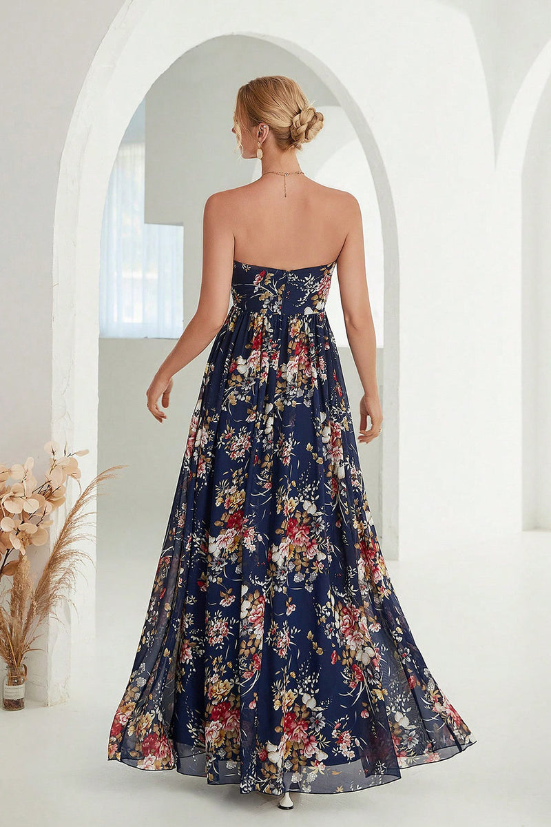 Load image into Gallery viewer, Printed Floral Navy Strapless A Line Long Formal Dress