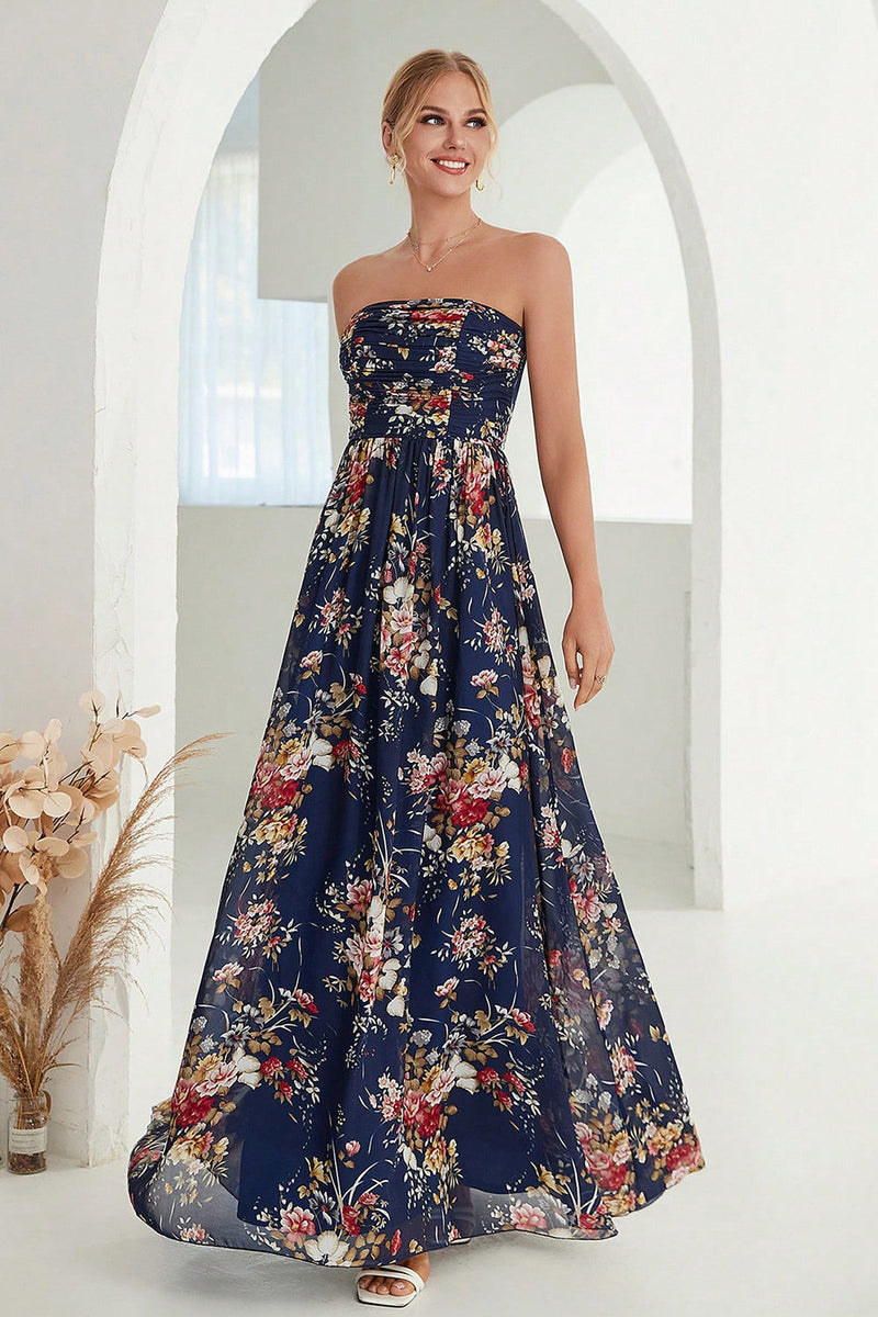 Load image into Gallery viewer, Printed Floral Navy Strapless A Line Long Formal Dress