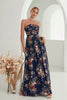 Load image into Gallery viewer, Printed Floral Navy Strapless A Line Long Formal Dress