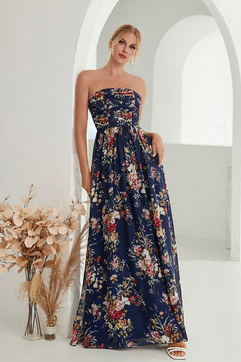 Printed Floral Navy Strapless A Line Long Formal Dress