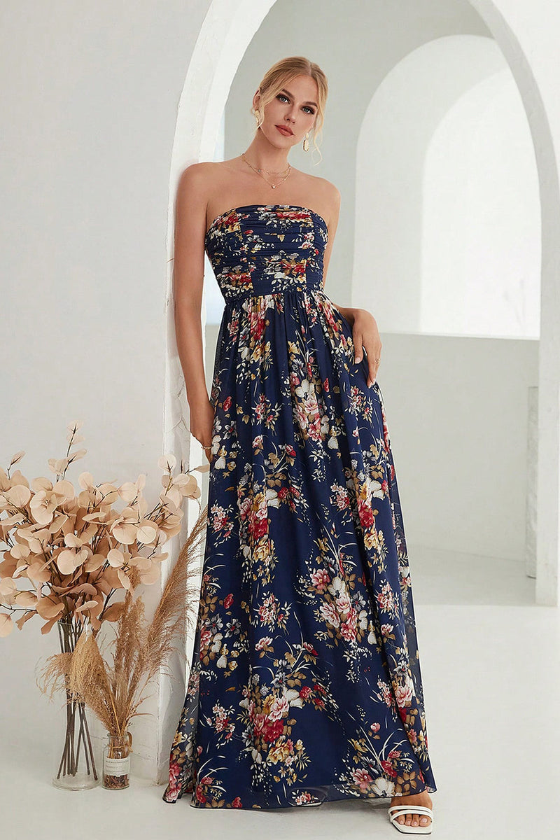 Load image into Gallery viewer, Printed Floral Navy Strapless A Line Long Formal Dress