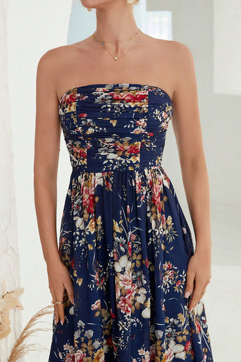 Printed Floral Navy Strapless A Line Long Formal Dress