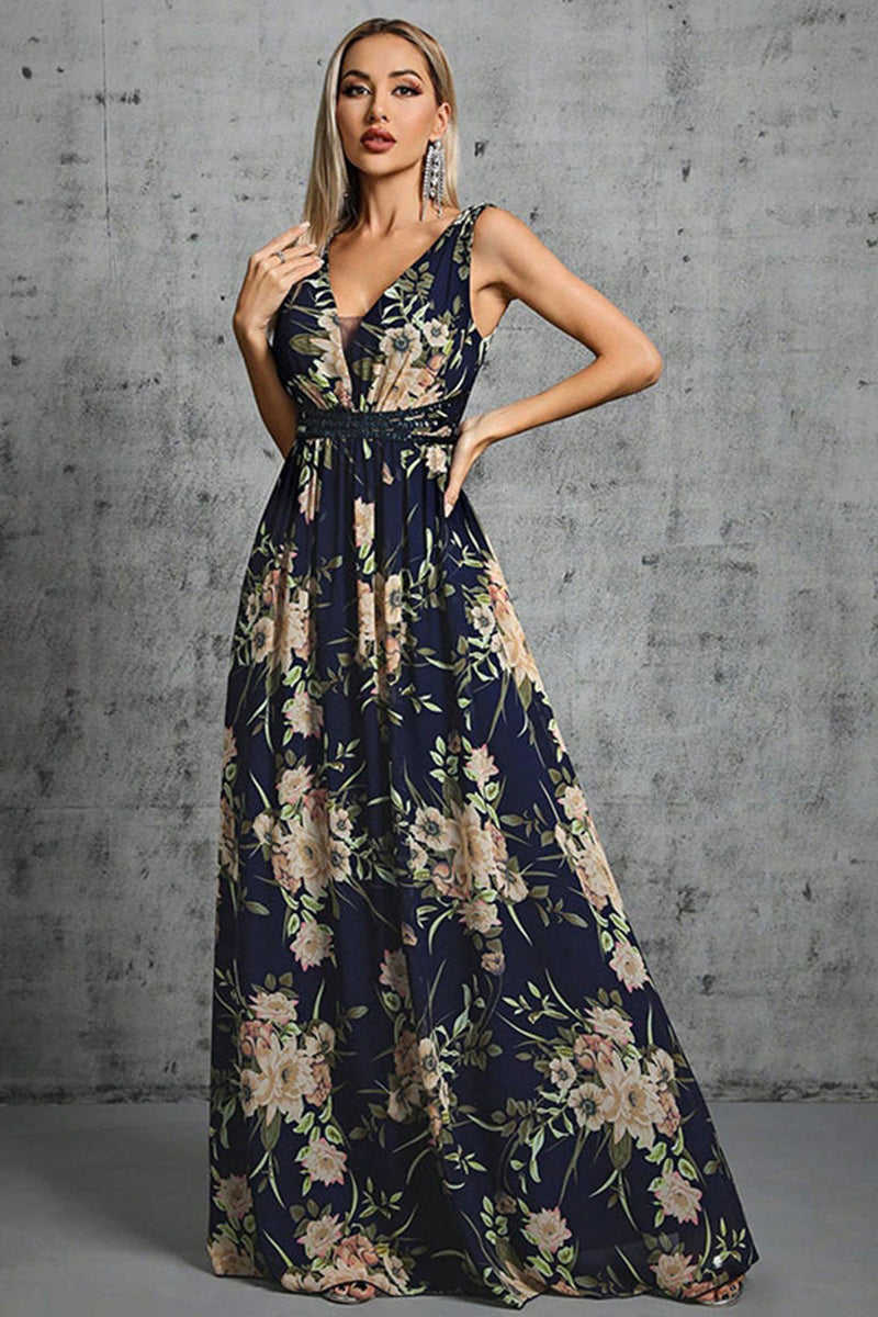 Load image into Gallery viewer, Navy V Neck A Line Printed Flower Chiffon Formal Dress