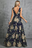 Load image into Gallery viewer, Navy V Neck A Line Printed Flower Chiffon Formal Dress