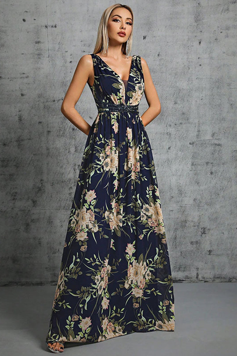 Load image into Gallery viewer, Navy V Neck A Line Printed Flower Chiffon Formal Dress