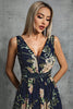 Load image into Gallery viewer, Navy V Neck A Line Printed Flower Chiffon Formal Dress