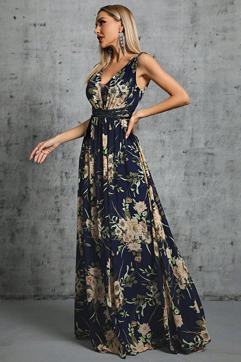 Load image into Gallery viewer, Navy V Neck A Line Printed Flower Chiffon Formal Dress