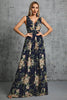 Load image into Gallery viewer, Navy V Neck A Line Printed Flower Chiffon Formal Dress