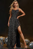 Load image into Gallery viewer, Sparkly Sequins Black Spaghetti Straps Formal Dress with Slit