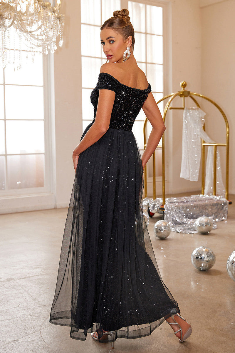 Load image into Gallery viewer, Black Mermaid Off The Shoulder Sequin Long Prom Dress With Tulle