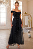 Load image into Gallery viewer, Black Mermaid Off The Shoulder Sequin Long Prom Dress With Tulle