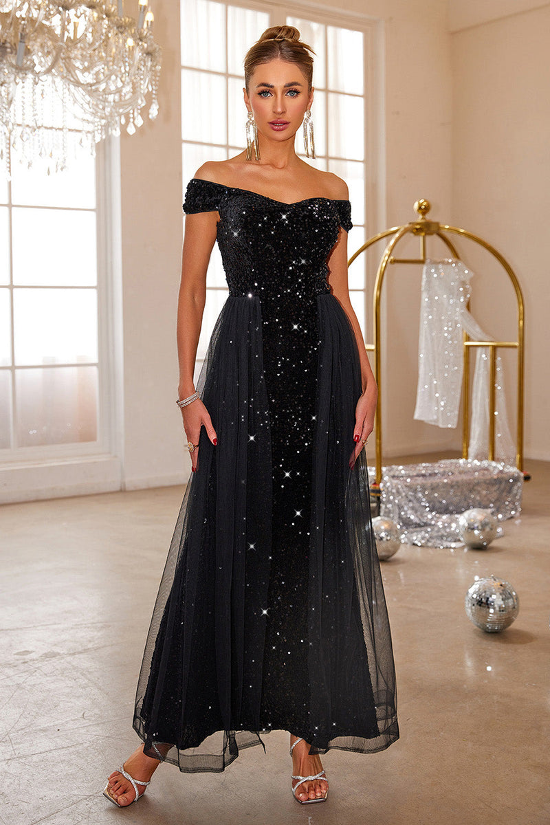 Load image into Gallery viewer, Black Mermaid Off The Shoulder Sequin Long Prom Dress With Tulle