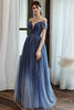 Load image into Gallery viewer, Navy A Line Round Neck Short Sleeves Tull Long Prom Dress