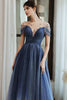 Load image into Gallery viewer, Navy A Line Round Neck Short Sleeves Tull Long Prom Dress