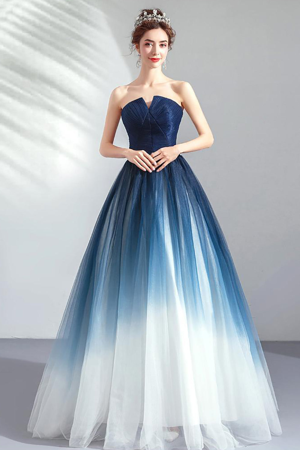 Navy A Line Strapless Tulle Pleated Long Prom Dress