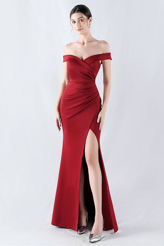 Burgundy Mermaid Off The Shoulder Long Prom Dress With Slit