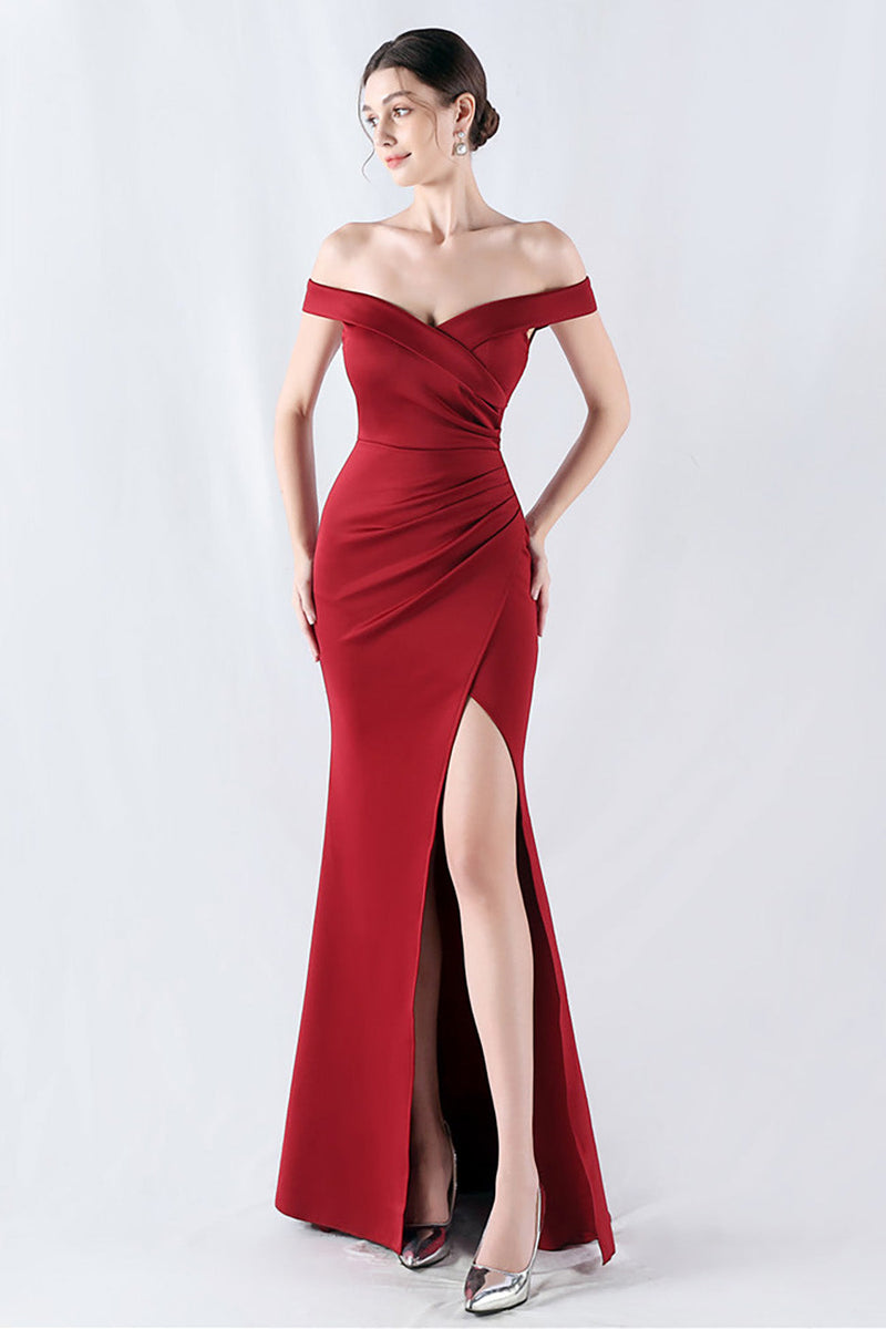 Load image into Gallery viewer, Burgundy Mermaid Off The Shoulder Long Prom Dress With Slit