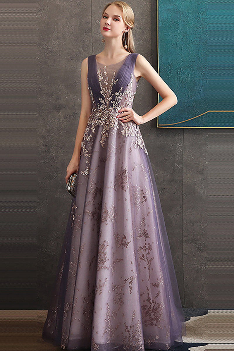 Load image into Gallery viewer, Purple A Line Round Neck Tulle Long Prom Dress