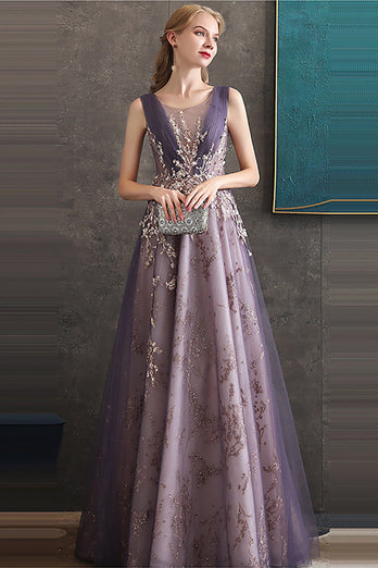 Purple A Line Round Neck Tulle Long Prom Dress