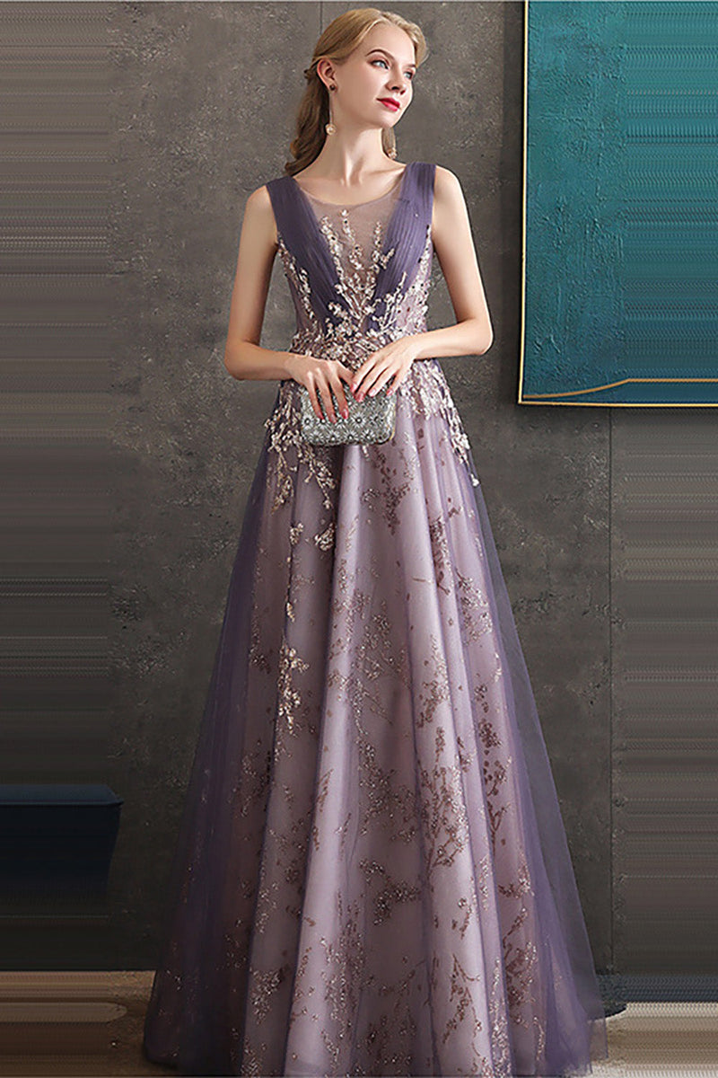 Load image into Gallery viewer, Purple A Line Round Neck Tulle Long Prom Dress