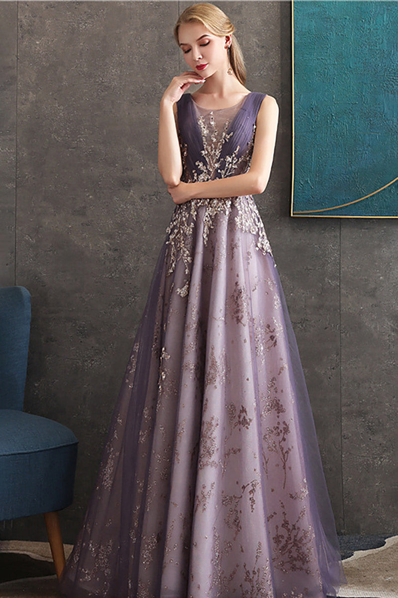 Load image into Gallery viewer, Purple A Line Round Neck Tulle Long Prom Dress