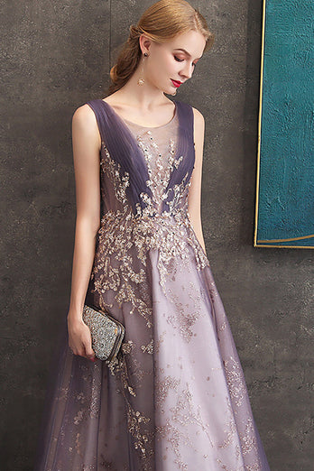 Purple A Line Round Neck Tulle Long Prom Dress