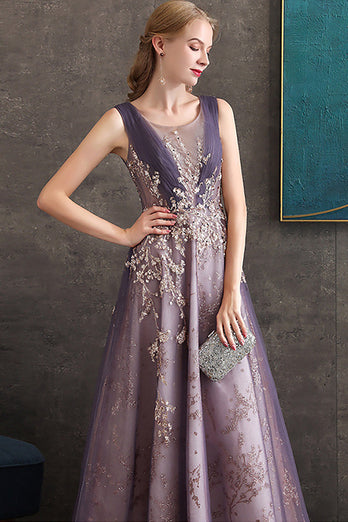 Purple A Line Round Neck Tulle Long Prom Dress