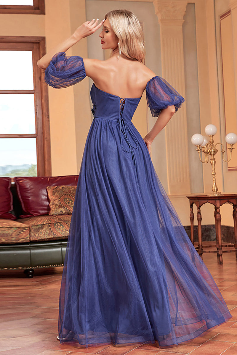 Load image into Gallery viewer, Navy A Line Removable Sleeves Pleated Long Prom Dress