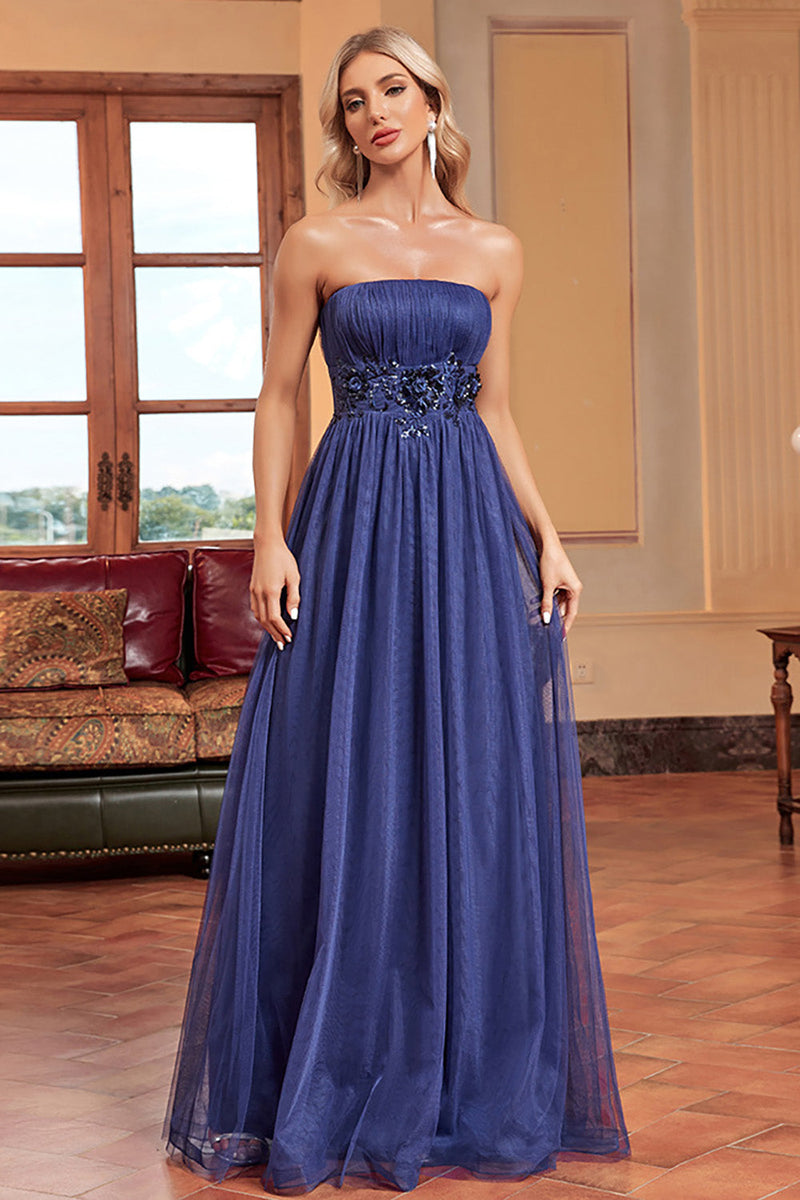 Load image into Gallery viewer, Navy A Line Removable Sleeves Pleated Long Prom Dress