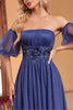 Load image into Gallery viewer, Navy A Line Removable Sleeves Pleated Long Prom Dress