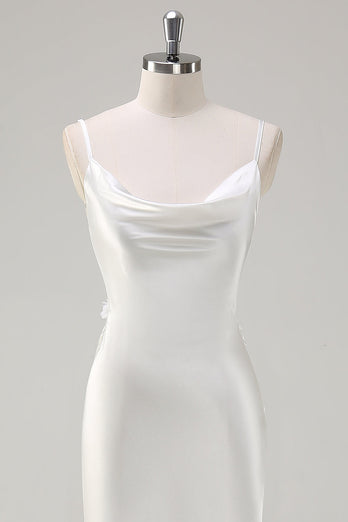 White Satin Cowl Neck Backless Prom Dress