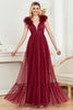 Load image into Gallery viewer, Burgundy A Line V Neck Sleeveless Tull Prom Dress