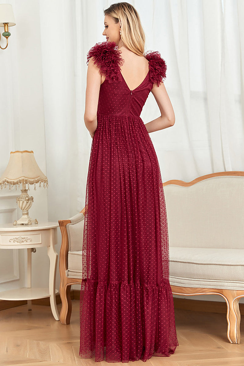 Load image into Gallery viewer, Burgundy A Line V Neck Sleeveless Tull Prom Dress