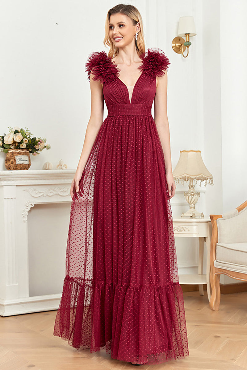 Load image into Gallery viewer, Burgundy A Line V Neck Sleeveless Tull Prom Dress