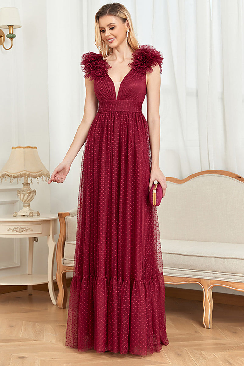 Load image into Gallery viewer, Burgundy A Line V Neck Sleeveless Tull Prom Dress