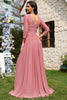 Load image into Gallery viewer, Dusty Rose A-Line V-neck Long Sleeves Chiffon Long Formal Dress