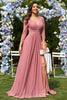 Load image into Gallery viewer, Dusty Rose A-Line V-neck Long Sleeves Chiffon Long Formal Dress