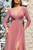 Load image into Gallery viewer, Dusty Rose A-Line V-neck Long Sleeves Chiffon Long Formal Dress