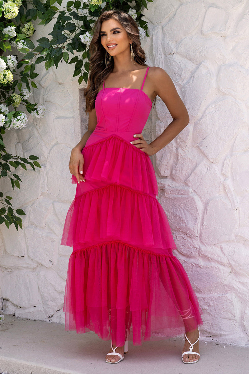 Load image into Gallery viewer, Fuchsia Spaghetti Straps A-Line Tulle Tiered Long Corset Formal Dress