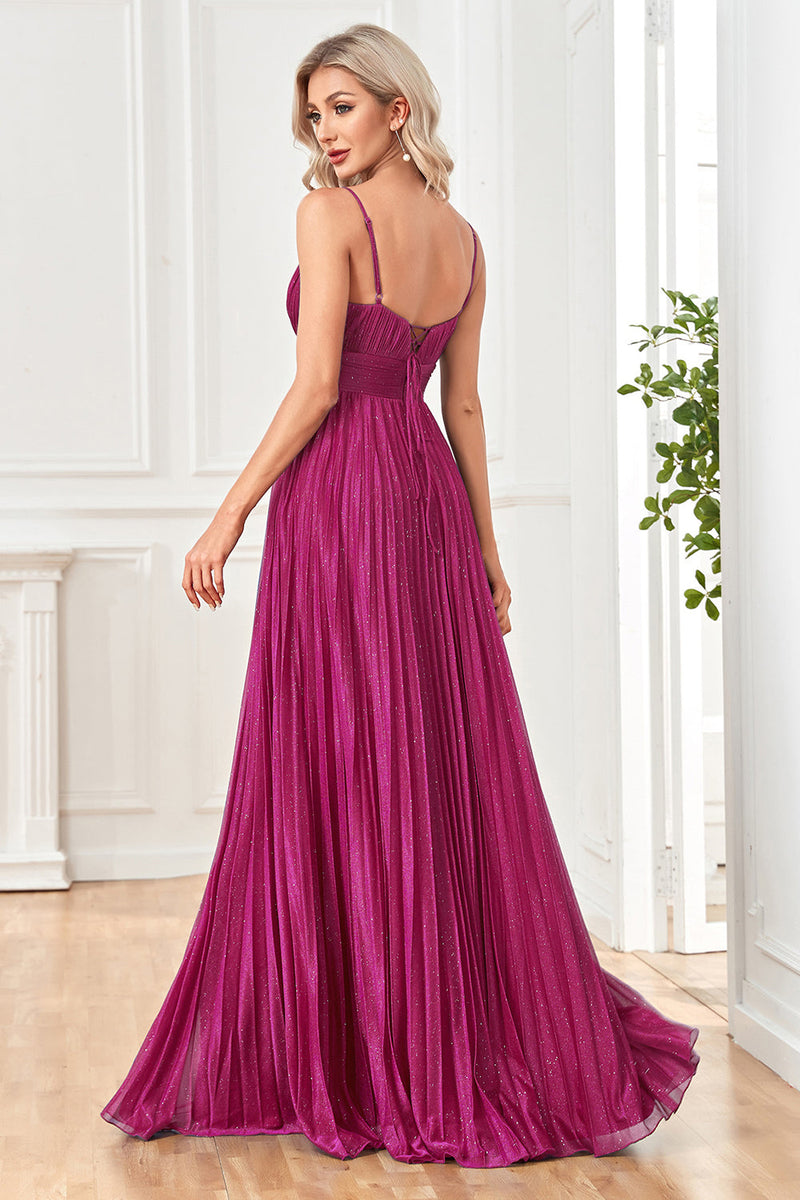 Load image into Gallery viewer, Sparkly Fuchsia A-Line Spaghetti Straps Pleated Long Formal Dress