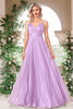 Load image into Gallery viewer, Sparkly Fuchsia A-Line Spaghetti Straps Pleated Long Formal Dress