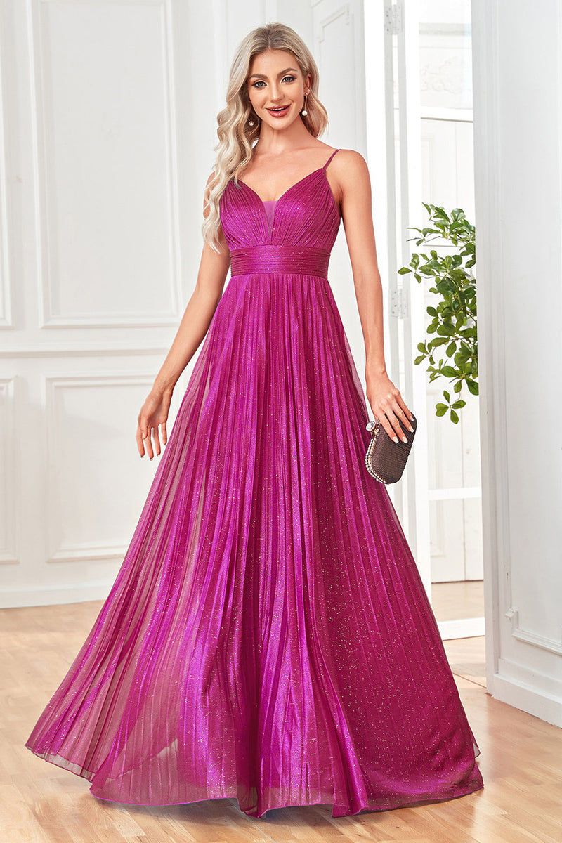 Load image into Gallery viewer, Sparkly Fuchsia A-Line Spaghetti Straps Pleated Long Formal Dress