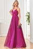 Load image into Gallery viewer, Sparkly Fuchsia A-Line Spaghetti Straps Pleated Long Formal Dress