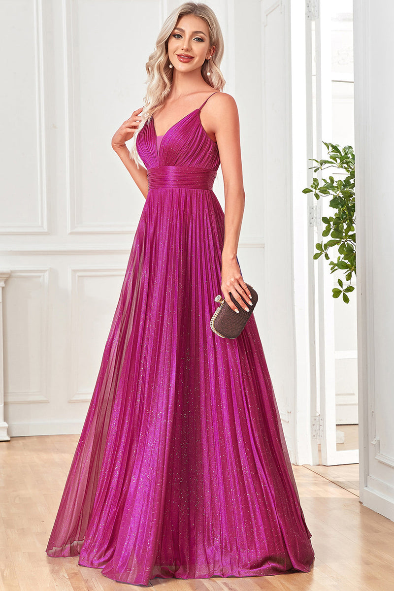 Load image into Gallery viewer, Sparkly Fuchsia A-Line Spaghetti Straps Pleated Long Formal Dress