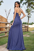 Load image into Gallery viewer, Sparkly Navy Mermaid Spaghetti Straps Corset Ruched Formal Dress with Slit