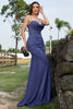 Load image into Gallery viewer, Sparkly Navy Mermaid Spaghetti Straps Corset Ruched Formal Dress with Slit