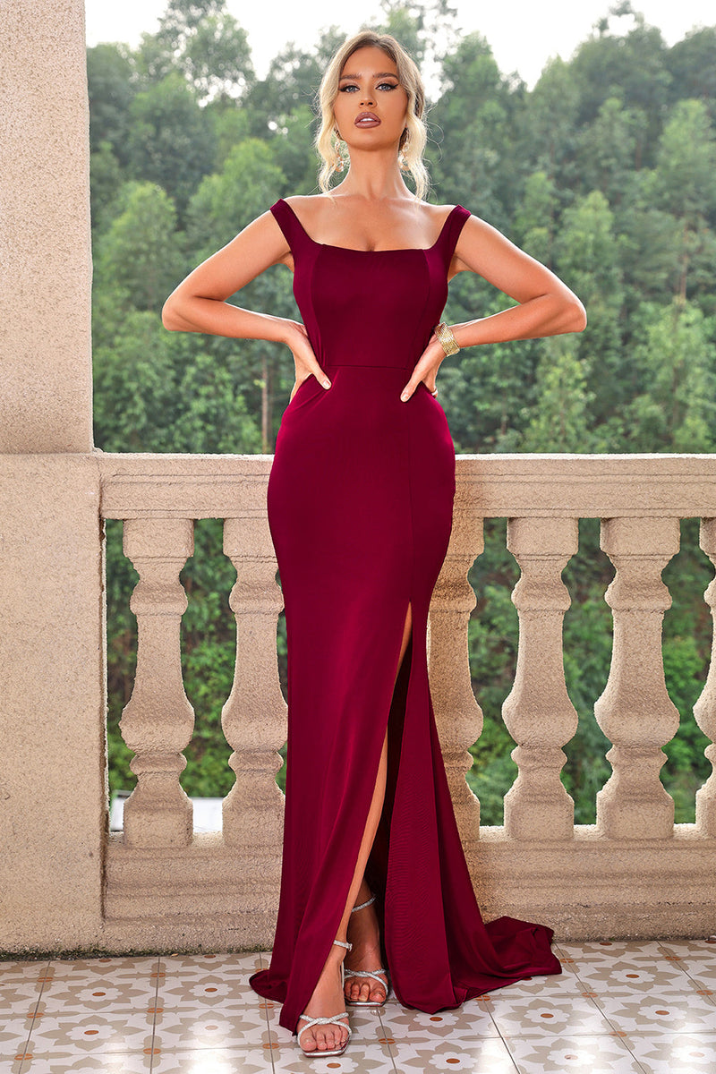 Load image into Gallery viewer, Burgundy Mermaid Off the Shoulder Lace-Up Long Formal Dress with Slit