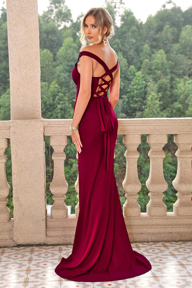 Load image into Gallery viewer, Burgundy Mermaid Off the Shoulder Lace-Up Long Formal Dress with Slit