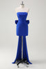 Load image into Gallery viewer, Royal Blue Strapless Short Prom Dress With Big Bow Flowing Train