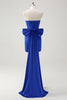 Load image into Gallery viewer, Royal Blue Strapless Short Prom Dress With Big Bow Flowing Train